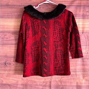 Norton McNaughton Women's Red Black Snakeskin Pattern Knit Fur Collar Sweater PS